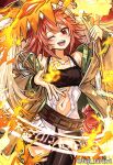  1girl ;d belt brown_robe collarbone commentary cowboy_shot duel_monster fire fuji_tarawi highres hiita holding holding_staff inari_fire long_sleeves magic_circle miniskirt navel one_eye_closed open_clothes open_hand open_mouth open_robe pelt pom_pom_(clothes) red_eyes red_hair robe shirt skirt sleeveless sleeveless_shirt smile staff thighhighs torn_clothes torn_legwear twitter_username unbuttoned unbuttoned_shirt wide_sleeves yu-gi-oh! zettai_ryouiki 