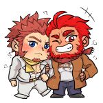  2boys alternate_costume atiskw bara beard belt blue_eyes blush brown_belt brown_coat brown_hair chibi coat commission couple denim facial_hair fate/grand_order fate_(series) formal full_body goatee head_to_head iskandar_(fate) jacket jeans ladies_&amp;_gentlemen_(fate/grand_order) locked_arms long_sideburns male_cleavage male_focus mature_male multiple_boys muscular muscular_male napoleon_bonaparte_(fate) one_eye_closed pants pectorals red_eyes red_hair red_scarf scar scar_on_chest scarf second-party_source shirt short_hair smile suit t-shirt white_background white_jacket white_shirt yaoi yellow_scarf 