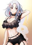  1girl absurdres artist_name azur_lane black_bra black_choker black_shorts black_tank_top bra bra_strap breasts choker cleavage eyebrows_visible_through_hair garter_straps hand_in_hair hand_on_leg highres long_hair looking_away medium_breasts mole mole_on_breast multicolored_hair navel nisiko997 red_eyes shorts silver_hair simple_background smile solo standing stomach tallinn_(azur_lane) tallinn_(nostalgic_pilsner)_(azur_lane) tank_top underwear 