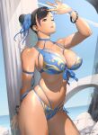  1girl bare_shoulders bikini bracelet breasts chun-li flower hair_bun hair_ornament highres jewelry kotoyoshi_yumisuke large_breasts lips muscular muscular_female navel one_eye_closed outdoors parted_lips solo stomach street_fighter swimsuit tanline_peek thick_thighs thighs yellow_eyes 