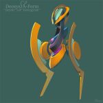  character_name commentary_request deoxys deoxys_(attack) full_body gen_3_pokemon green_background heart mechanization mifuji mythical_pokemon no_humans pokemon robot signature simple_background solo standing 