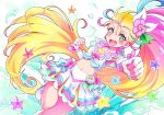  1girl :d blonde_hair blush cure_summer dutch_angle earrings elbow_gloves fingerless_gloves flower gloves green_eyes hair_flower hair_ornament jewelry kyoutsuugengo long_hair looking_at_viewer magical_girl midriff multicolored_hair natsumi_manatsu open_mouth pink_hair precure round_teeth side_ponytail skirt smile solo teeth tropical-rouge!_precure very_long_hair white_footwear white_gloves white_skirt 