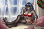  5_fingers anthro blackrabbitshone blue_hair breasts cheek_tuft clothing elza_(ishuzoku_reviewers) facial_tuft feet female fingers fur fur_tuft garter_straps hair hyaenid ishuzoku_reviewers legwear lingerie mammal navel red_clothing solo spots spotted_body spotted_hyena stockings thigh_highs toes tuft window 