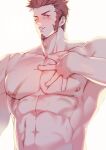  1boy abs bara blue_eyes blush brown_hair buttons completely_nude facial_hair fate/grand_order fate_(series) goatee highres large_pectorals long_sideburns male_focus mature_male muscular muscular_male napoleon_bonaparte_(fate) navel nipples nude one_eye_closed open_clothes open_shirt pectoral_press pointing pointing_at_self scar scar_on_chest short_hair solo stomach sweat sweatdrop upper_body waku_(ayamix) 