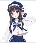  1girl :o bangs beret black_hair blue_bow blue_eyes blue_headwear blue_sailor_collar blue_skirt bow commentary eyebrows_visible_through_hair hand_up hat long_sleeves looking_at_viewer original parted_lips pleated_skirt puffy_long_sleeves puffy_sleeves rimo sailor_collar school_uniform serafuku shirt sidelocks simple_background skirt sleeves_past_wrists solo symbol_commentary white_background white_shirt 