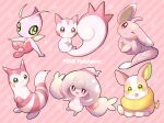  :3 alternate_color brown_eyes celebi closed_mouth commentary_request copyright_name furret gen_2_pokemon gen_4_pokemon gen_5_pokemon gen_8_pokemon green_eyes hattrem highres minccino mythical_pokemon no_humans okoge_(simokaji) one_eye_closed pachirisu pokemon pokemon_(creature) shiny_pokemon smile star_(symbol) toes tongue tongue_out yamper 