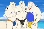  2021 absurd_res anthro arm_around_shoulders barazoku beach belly biped black_body black_fur black_nipples black_nose blue_body blue_eyes blue_fur blue_nipples blue_nose blue_sky body_hair brown_eyes bruteandbrawn bulge chest_hair claws clothed clothing cloud digital_media_(artwork) fur grin group hair hi_res looking_at_viewer male mammal markings monotone_body monotone_fur mostly_nude multicolored_body multicolored_fur musclegut navel nipples overweight overweight_anthro overweight_male pecs polar_bear pubes red_body red_eyes red_fur sand sea seaside sky smile speedo standing swimwear topless two_tone_body two_tone_fur underwear underwear_only ursid ursine water white_body white_fur white_hair 