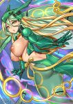  1girl areolae armor ass blonde_hair breasts butt_crack embarrassed gen_3_pokemon green_hair hair_between_eyes lamia large_breasts legendary_pokemon long_hair mecha_musume monster_girl multicolored_hair nipples open_mouth personification pokemon puffy_nipples rayquaza redjet sky slit_pupils solo tail two-tone_hair underboob yellow_eyes 