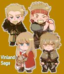  4boys ai-shii_(kasehara-chan) askeladd bangs beard blonde_hair blue_eyes brown_eyes canute chibi dagger facial_hair fur_trim headwear_removed helmet helmet_removed holding holding_weapon long_hair multiple_boys short_hair sword thorfinn thorkell tunic viking vinland_saga weapon 