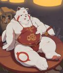  2021 absurd_res anthro belly blush bulge canid canine clothed clothing fur hi_res humanoid_hands kemono male mammal moobs nipples outside overweight overweight_male piero03432812 sitting solo_focus tongue tongue_out underwear white_body white_fur 