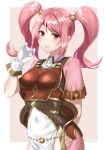  1girl arm_behind_back armor bangs breastplate closed_mouth collared_dress covered_navel fire_emblem fire_emblem_echoes:_shadows_of_valentia gloves highres holding holding_hair long_hair mae_(fire_emblem) red_eyes shinae short_sleeves simple_background smile solo twintails upper_body white_gloves 