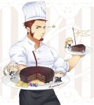  2boys 2girls alternate_costume apron black_apron blue_eyes brown_hair buttons cake charles-henri_sanson_(fate) chef chef_hat chef_uniform chibi facial_hair fate/grand_order fate_(series) food goatee hat holding holding_cake holding_food holding_plate jeanne_d&#039;arc_(fate) jeanne_d&#039;arc_(fate)_(all) kaiki_(osuppai) long_sideburns male_focus marie_antoinette_(fate) mature_male multiple_boys multiple_girls muscular muscular_male napoleon_bonaparte_(fate) one_eye_closed pectorals plate short_hair sparkle waist_apron 