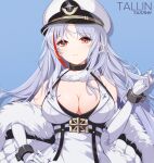 1girl absurdres azur_lane blue_background breasts character_name cleavage closed_mouth dress elbow_gloves english_text eyebrows_visible_through_hair fur-trimmed_dress fur_collar fur_trim gloves hand_in_hair hand_on_hip hat highres long_hair looking_at_viewer medium_breasts military_hat multicolored_hair rabe26k red_eyes russian_text silver_hair solo_focus tallinn_(azur_lane) white_dress white_gloves white_headwear 