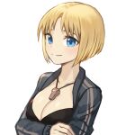  1girl blonde_hair blue_eyes breasts character_request cleavage closed_mouth copyright_request disconnected_mouth highres jacket long_sleeves short_hair simple_background smile solo sookmo whistle whistle_around_neck white_background 