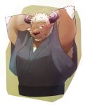  1boy alternate_costume animal_ears arms_behind_head bara blush brown_fur chest_hair chinese_zodiac cow_ears cow_horns cropped_torso furry happy_new_year highres horns looking_at_viewer male_focus mature_male minotaur mint muscular muscular_male new_year one_eye_closed pectorals purple_eyes purple_horns resub221 shennong_(tokyo_houkago_summoners) short_hair sideburns solo tokyo_houkago_summoners white_hair year_of_the_ox 