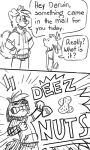  anthro clothing comic darwin_(tinydeerguy) deez_nuts dialogue duo english_text food hi_res hoodie male matt_riskely monochrome simple_background text tinydeerguy topwear white_background 