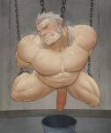 1boy abs absurdres bara bound bound_ankles bound_wrists breath bucket chain chained completely_nude drooling erection full_body fullmetal_alchemist highres large_pectorals loa_(fma) long_hair long_sideburns male_focus male_pubic_hair mature_male muscular muscular_male navel nipples nude old old_man penis plump ponytail pubic_hair sideburns silver_hair solo spread_legs stomach tearing_up tevit_(tevit15) thick_thighs thighs uncensored 