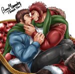  2boys alternate_costume alternate_skin_color arm_grab bara beard blue_eyes blue_jacket boots brown_hair christmas commission couple dark_skin dark_skinned_male eye_contact facial_hair fate/grand_order fate_(series) fur-trimmed_jacket fur_trim goatee green_scarf hand_on_another&#039;s_face hood hooded_jacket imminent_kiss iskandar_(fate) jacket knee_boots leather leather_boots leather_pants long_sideburns looking_at_another male_focus mature_male multiple_boys muscular muscular_male napoleon_bonaparte_(fate) noses_touching pants red_eyes red_hair red_jacket scarf shared_scarf shirt short_hair sitting sitting_on_lap sitting_on_person skeb_commission smile spread_legs sunfight0201 thick_thighs thighs white_shirt yaoi 