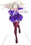  1girl absurdres albino capcom_fighting_jam commentary_request gloves hairpods highres ingrid jacket long_sleeves mary_janes open_mouth pantyhose purple_jacket purple_ribbon purple_skirt red_eyes ribbon shoes skirt solo tetsu_(kimuchi) translation_request underskirt white_gloves white_hair 