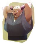  1boy alternate_costume animal_ears arms_behind_head bara blush brown_fur chest_hair chinese_zodiac cow_ears cow_horns cropped_torso furry happy_new_year highres horns looking_at_viewer male_focus mature_male minotaur mint muscular muscular_male new_year pectorals purple_eyes purple_horns resub221 shennong_(tokyo_houkago_summoners) short_hair sideburns solo tokyo_houkago_summoners white_hair year_of_the_ox 