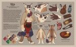  2021 5_toes anthro bag bottomwear claws clothed clothing color_swatch english_text feet felid food fur gaiters hi_res loincloth male mammal model_sheet open_mouth pawpads paws sash sleeves sleeves_rolled_up snowskau solo tan_body tan_fur tetton text toes 