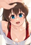  1girl armpits bangs bare_shoulders blue_eyes blurry breasts brown_hair cleavage collarbone commentary_request depth_of_field hand_on_another&#039;s_head idolmaster idolmaster_million_live! idolmaster_million_live!_theater_days kamille_(vcx68) light_blush long_hair looking_at_viewer medium_breasts open_mouth ponytail pov satake_minako shirt solo striped striped_shirt tank_top upper_body 