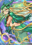  1girl armor ass blonde_hair breasts butt_crack gen_3_pokemon green_hair hair_between_eyes lamia large_breasts legendary_pokemon long_hair mecha_musume monster_girl multicolored_hair open_mouth personification pokemon rayquaza redjet sky slit_pupils smile solo tail two-tone_hair underboob yellow_eyes 