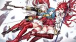  3girls axe blue_hair boots cordelia_(fire_emblem) edelgard_von_hresvelg eirika_(fire_emblem) fire_emblem fire_emblem:_mystery_of_the_emblem fire_emblem:_three_houses fire_emblem_awakening garreg_mach_monastery_uniform garter_straps hair_ribbon long_hair looking_at_viewer midair multiple_girls nakapipo pantyhose polearm rapier red_footwear red_hair red_legwear ribbon silver_hair skirt spear sword thigh_boots thighhighs weapon 