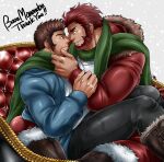  2boys absurdres alternate_costume alternate_skin_color arm_grab bara beard blue_eyes blue_jacket boots brown_hair christmas commission couple dark_skin dark_skinned_male eye_contact facial_hair fate/grand_order fate_(series) fur-trimmed_jacket fur_trim goatee green_scarf hand_on_another&#039;s_face highres hood hooded_jacket imminent_kiss iskandar_(fate) jacket knee_boots leather leather_boots leather_pants long_sideburns looking_at_another male_focus mature_male multiple_boys muscular muscular_male napoleon_bonaparte_(fate) noses_touching pants red_eyes red_hair red_jacket scarf second-party_source shared_scarf shirt short_hair sitting sitting_on_lap sitting_on_person skeb_commission smile spread_legs sunfight0201 thick_thighs thighs white_shirt yaoi 