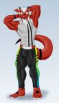 accessory anthro bottomwear clothed clothing digimon digimon_(species) dragon flameydragwasp growlmon hair_accessory hairband hands_behind_head hi_res legwear male muscular muscular_anthro muscular_male pants scalie shirt solo tank_top tight_bottomwear tight_clothing tights topwear tying_hair 