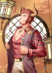  1boy bara blue_eyes brown_hair bulge chinese_zodiac cow_boy cow_horns cowboy_shot facial_hair fate/grand_order fate_(series) goatee highres horns jewelry lamp leather_belt long_sideburns male_cleavage male_focus mature_male muscular muscular_male napoleon_bonaparte_(fate) necklace ninomiya_reisui_(chieh_ren) open_clothes open_shirt pants pectorals red_shirt scar scar_on_chest shirt short_hair smile smirk solo white_pants year_of_the_ox 