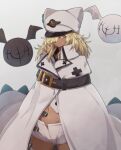  1girl belt belt_buckle blonde_hair buckle cape closed_mouth clover_hair_ornament commentary_request dark_skin dark_skinned_female gloves guilty_gear hair_ornament hair_over_one_eye hat hat_ornament highres long_hair looking_at_viewer lucifero messy_hair midriff one_eye_covered ramlethal_valentine serious solo white_cape white_headwear yellow_eyes yonaga 