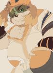  2021 anthro barely_visible_genitalia bottomwear brown_body brown_fur bulge canid canine canis clothing cute_fangs domestic_dog fur genitals hi_res hisaki_(live-a-hero) live-a-hero male mammal overweight overweight_anthro overweight_male pants samodora1030 solo video_games visor 