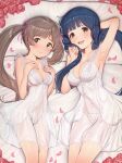  2girls absurdres arm_up armpits bangs bare_shoulders blue_hair blush breasts brown_eyes brown_hair cleavage closed_mouth collarbone commentary_request covered_navel dress eyebrows_visible_through_hair hair_ribbon hakozaki_serika highres idolmaster idolmaster_million_live! idolmaster_million_live!_theater_days kitakami_reika lace long_hair looking_at_viewer low_twintails lying medium_breasts multiple_girls open_mouth panties petals ribbon see-through smile suzuki_puramo twintails underwear white_dress white_panties 
