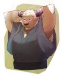  1boy alternate_costume animal_ears arms_behind_head bara blush brown_fur chest_hair chinese_zodiac cow_ears cow_horns cropped_torso furry happy_new_year highres horns male_focus mature_male minotaur mint muscular muscular_male new_year pectorals purple_eyes purple_horns resub221 shennong_(tokyo_houkago_summoners) short_hair sideburns solo tokyo_houkago_summoners white_hair year_of_the_ox 