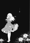  1girl arms_behind_back barefoot black_background doujinshi flower frills greyscale highres long_skirt looking_at_viewer lying maribel_hearn monochrome on_back simple_background skirt torii_sumi touhou translation_request 