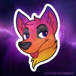  1:1 ambiguous_gender anthro artist_name black_nose canid canine canis chest_tuft detailed_background emilythepenguin facial_tuft fur half-closed_eyes inner_ear_fluff mammal multicolored_body multicolored_fur narrowed_eyes neck_tuft outline portrait purple_eyes solo space star tongue tongue_out tuft white_outline 