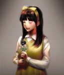  1girl absurdres bangs black_hair bow closed_eyes devotion dress du_meishin grey_background hair_bow highres holding holding_microphone long_sleeves microphone open_mouth pinafore_dress shirt standing white_shirt xuanqing0726 yellow_bow yellow_dress 