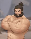  1boy absurdres bara beard belly brown_hair character_request check_character completely_nude facial_hair highres large_pectorals looking_at_viewer male_focus mature_male muscular muscular_male mustache navel nude old old_man plump romance_of_the_three_kingdoms short_hair sideburns solo stomach tevit_(tevit15) thick_eyebrows tied_hair upper_body zhang_fei 