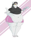  &lt;3 absurd_res anthro belly belly_overhang big_belly big_breasts black_hair bodypaint bottomwear breasts catti_(deltarune) claws clothed clothing deep_navel deltarune domestic_cat english_text eyeshadow face_paint felid feline felis female footwear front_view fur hair hi_res highlights_(coloring) holding_object holding_phone inksplot inner_ear_fluff love_handles makeup mammal midriff navel obese obese_anthro obese_female open_mouth overweight overweight_anthro overweight_female phone pink_highlights sandals shirt shorts simple_background solo standing text text_message thick_thighs tight_clothing tight_shirt tight_topwear topwear tuft video_games whiskers white_body white_fur wide_hips 
