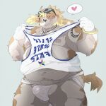  &lt;3 1:1 2021 anthro balls belly bulge canid canine canis clothed clothing domestic_dog dumdum genitals hi_res hisaki_(live-a-hero) humanoid_hands jockstrap kemono live-a-hero male mammal moobs nipples one_eye_closed overweight overweight_anthro overweight_male shirt solo tank_top text text_on_clothing text_on_shirt text_on_topwear topwear underwear video_games wink 