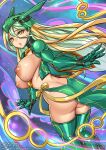  1girl areolae armor ass blonde_hair breasts butt_crack embarrassed gen_3_pokemon green_hair hair_between_eyes large_breasts legendary_pokemon long_hair mecha_musume multicolored_hair nipples open_mouth personification pokemon puffy_nipples rayquaza redjet sky slit_pupils solo thighhighs two-tone_hair underboob yellow_eyes 