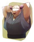  1boy alternate_costume animal_ears arms_behind_head bara blush brown_fur chest_hair chinese_zodiac cow_ears cow_horns cropped_torso furry happy_new_year headband highres horns male_focus mature_male minotaur mint muscular muscular_male new_year pectorals purple_eyes purple_horns resub221 shennong_(tokyo_houkago_summoners) short_hair sideburns solo tokyo_houkago_summoners white_hair year_of_the_ox 