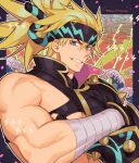  1boy bandages blonde_hair blue_eyes crossed_arms fate/grand_order fate_(series) headband heian_warrior_attire_(fate/grand_order) igote large_pectorals long_hair male_focus mature_male muscular muscular_male nipples official_alternate_costume sakata_kintoki_(fate) sara_(kurome1127) sidepec smile solo 