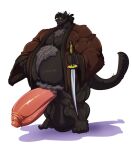  2019 5_toes anthro balls belly big_balls big_belly big_penis black_balls black_body black_fur black_hair bobert body_hair bottomless chest_hair clothed clothing coat erection feet felid feline fur genitals hair hi_res holding_object huge_balls huge_muscle huge_penis humanoid_genitalia humanoid_penis hyper hyper_balls hyper_belly hyper_genitalia hyper_penis looking_at_viewer male mammal melee_weapon musclegut penis pink_penis plantigrade samurai simple_background solo standing sword toes topwear warrior weapon white_background 