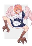  accessory alternate_version_at_source animal_humanoid avian avian_humanoid bird_feet blush breasts camouflagecrow clothed clothing feathered_wings feathers female frilly frilly_accessory frilly_clothing frilly_hairband hair hair_accessory hairband hi_res humanoid ishuzoku_reviewers maid_uniform meidri open_mouth orange_hair scutes solo spread_legs spreading talons tongue uniform white_clothing winged_humanoid wings 