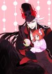  1boy 1girl absurdres ashiya_douman_(fate) asymmetrical_hair baby ball bell black_eyes black_hair black_headwear black_kimono black_nails black_skin colored_skin curly_hair earrings fangs fate/grand_order fate_(series) fatherly fujimaru_ritsuka_(female) hair_bell hair_between_eyes hair_intakes hair_ornament hair_ribbon hair_scrunchie hat highres holding_baby japanese_clothes jewelry kimono long_hair magatama magatama_earrings multicolored_hair nyarou official_alternate_costume one_side_up onmyouji orange_eyes orange_hair parted_lips pink_background pink_kimono pink_ribbon ribbon scrunchie side_ponytail tate_eboshi toned toned_male toy traditional_clothes two-tone_hair very_long_fingernails very_long_hair white_hair younger 