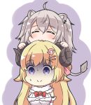  2girls :3 ahoge animal_ear_fluff animal_ears bangs biting blonde_hair bow breasts claws closed_eyes closed_mouth commentary_request detached_sleeves dress eyebrows_visible_through_hair facing_viewer fang grey_hair hair_between_eyes hair_ornament hairclip head_biting highres hololive large_breasts lion_ears lion_girl lion_tail long_hair multiple_girls purple_background purple_eyes red_bow rutorifuki shishiro_botan smile tail tsunomaki_watame turn_pale two-tone_background two_side_up upper_body very_long_hair virtual_youtuber white_background white_dress white_sleeves 