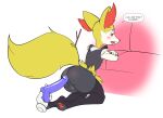  against_surface anal anthro backsack balls blush braixen butt clothed clothing crossdressing crossed_arms disembodied_hand fours_(artist) genitals girly hi_res looking_at_viewer maid_uniform male nintendo paws pok&eacute;mon pok&eacute;mon_(species) sex_toy solo teasing uniform video_games 
