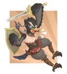  anthro armor attack avian black_body bow_(weapon) breath_of_the_wild feathers hi_res leather leather_armor male melee_weapon nintendo ranged_weapon ravizo rito shield snow_pounder_(artist) solo sword tail_feathers talons the_legend_of_zelda video_games weapon 